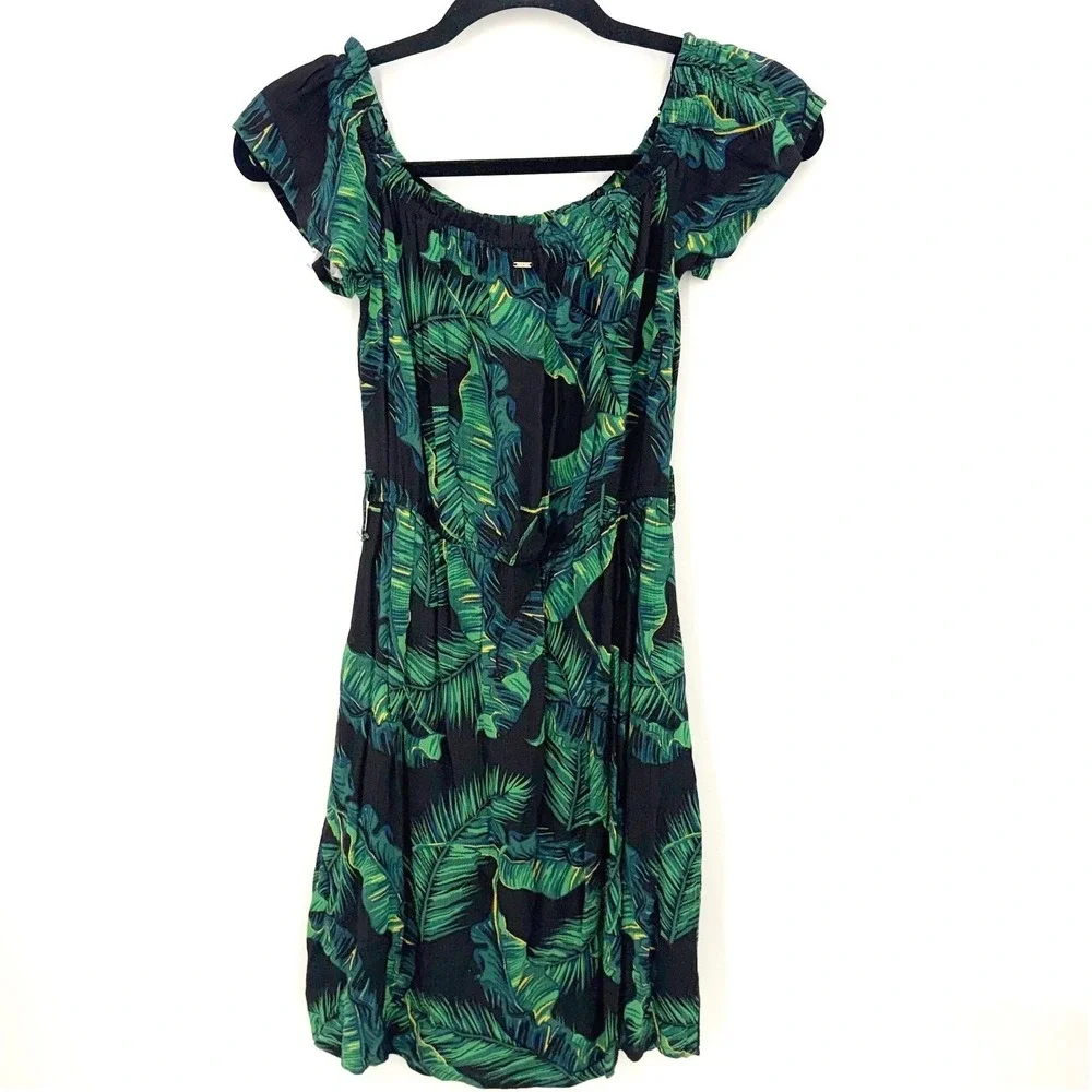 GUESS Tropical Palm Leaf Off Shoulder Smocked Boho Party Mini Dress XS NWT‎ Vaca